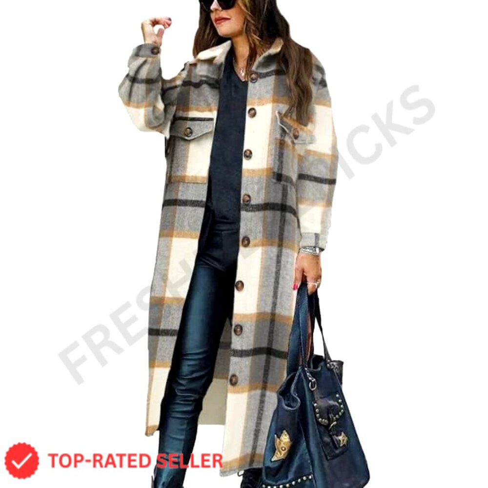 Oversized Plaid Shacket Jacket Long Button Down C… - image 1